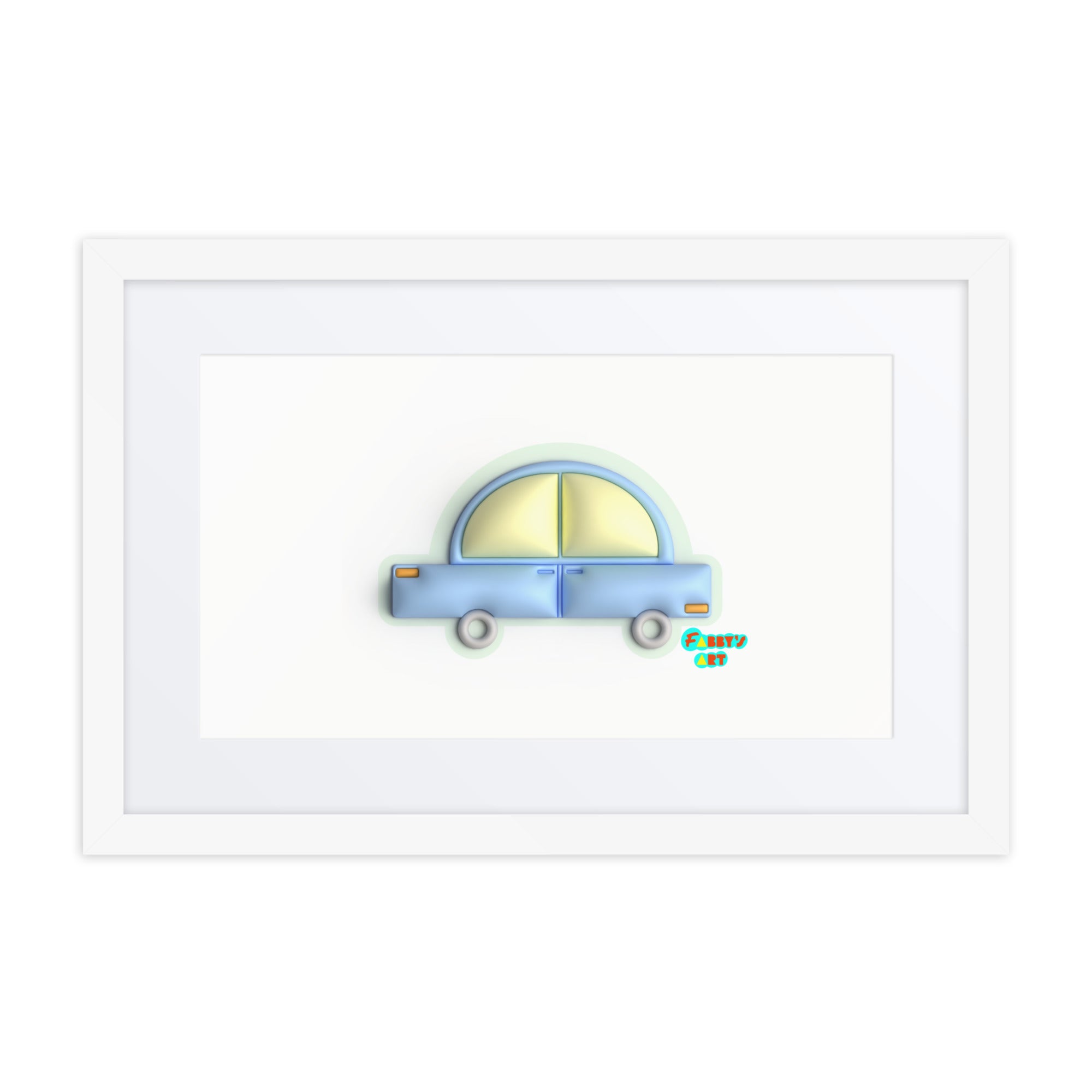 Blue car in green, Framed poster with Mat