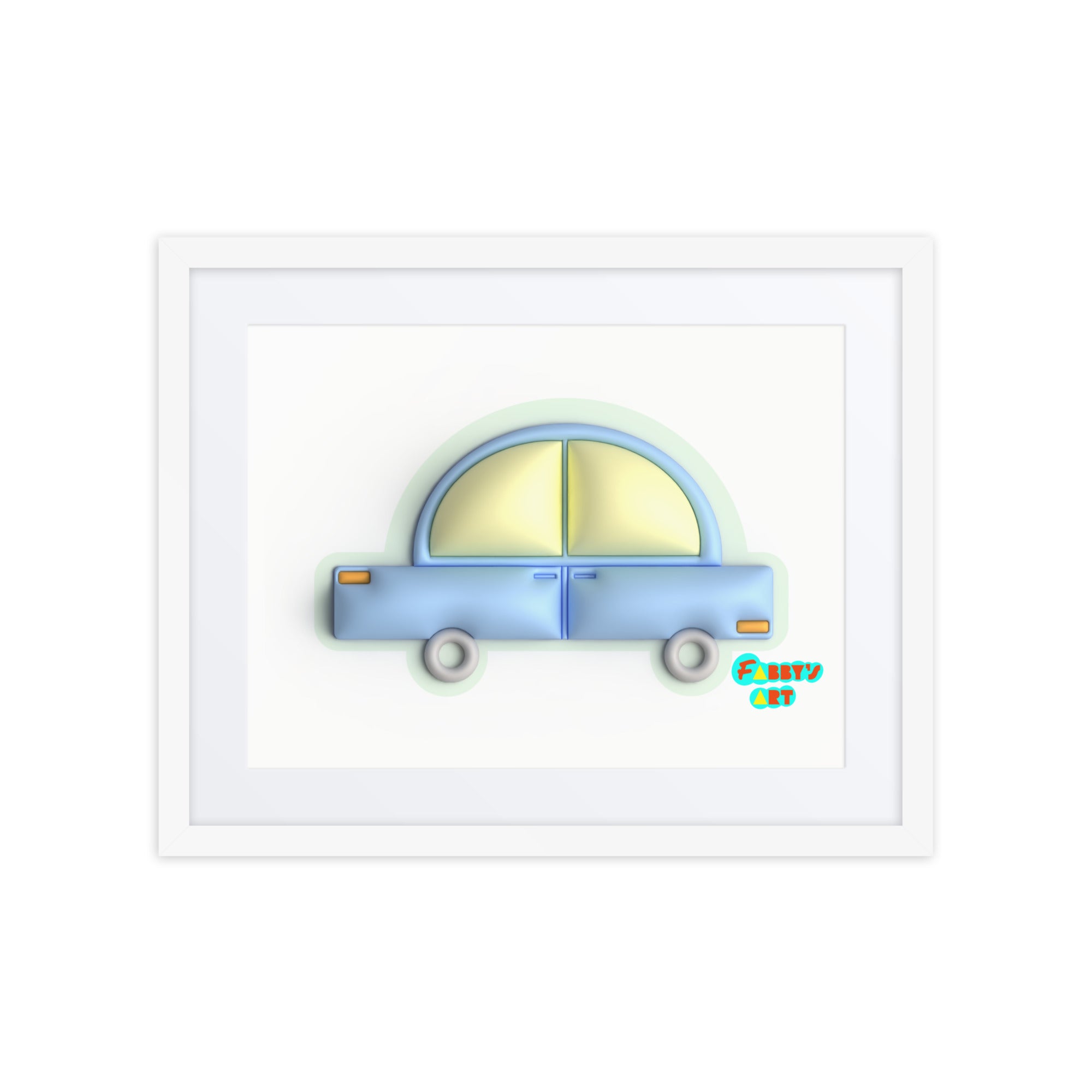 Blue car in green, Framed poster with Mat