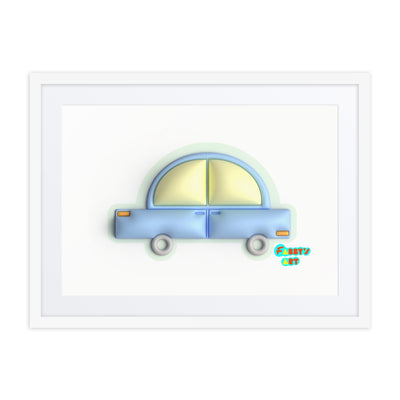 Blue car in green, Framed poster with Mat