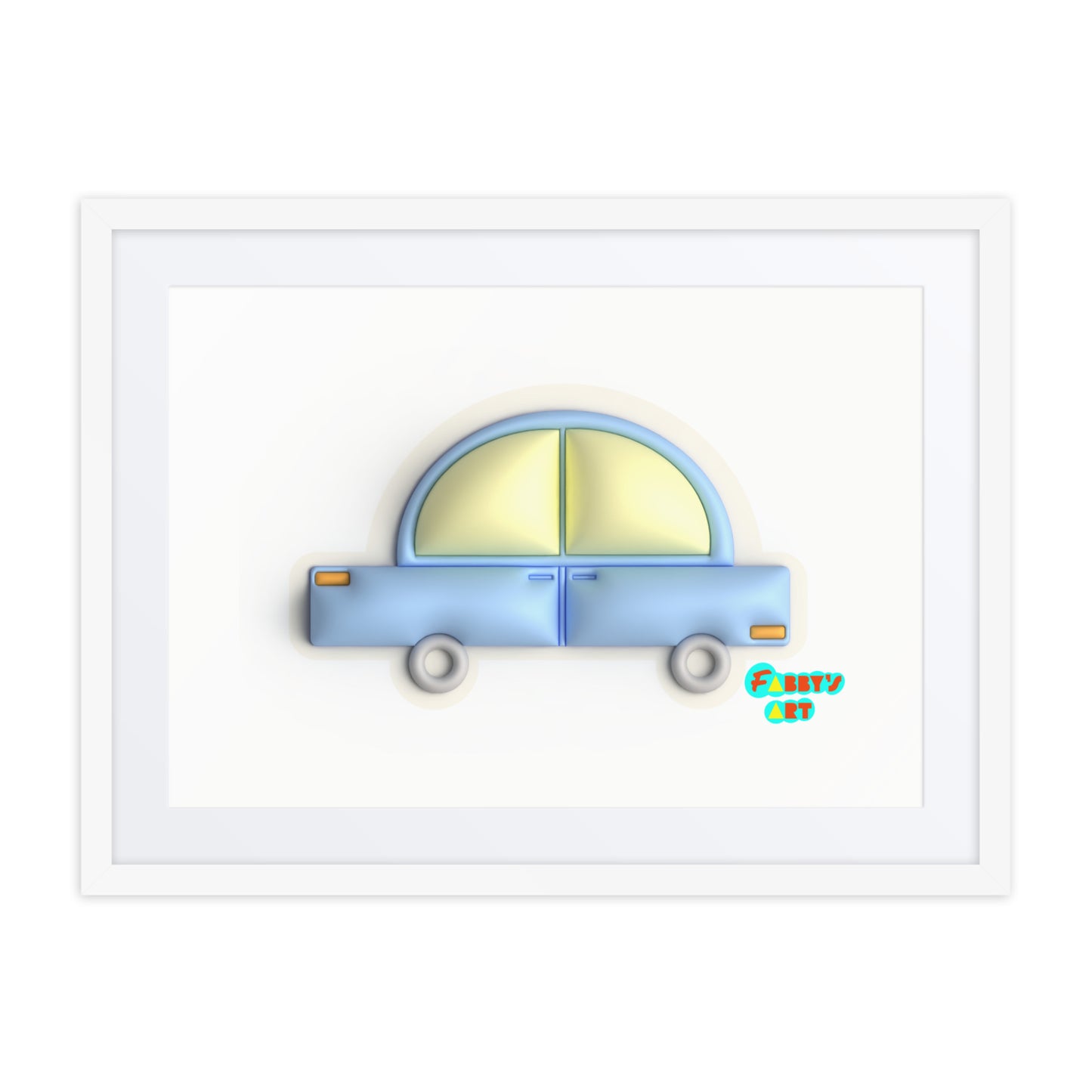 Blue car in yellow, Framed poster with Mat