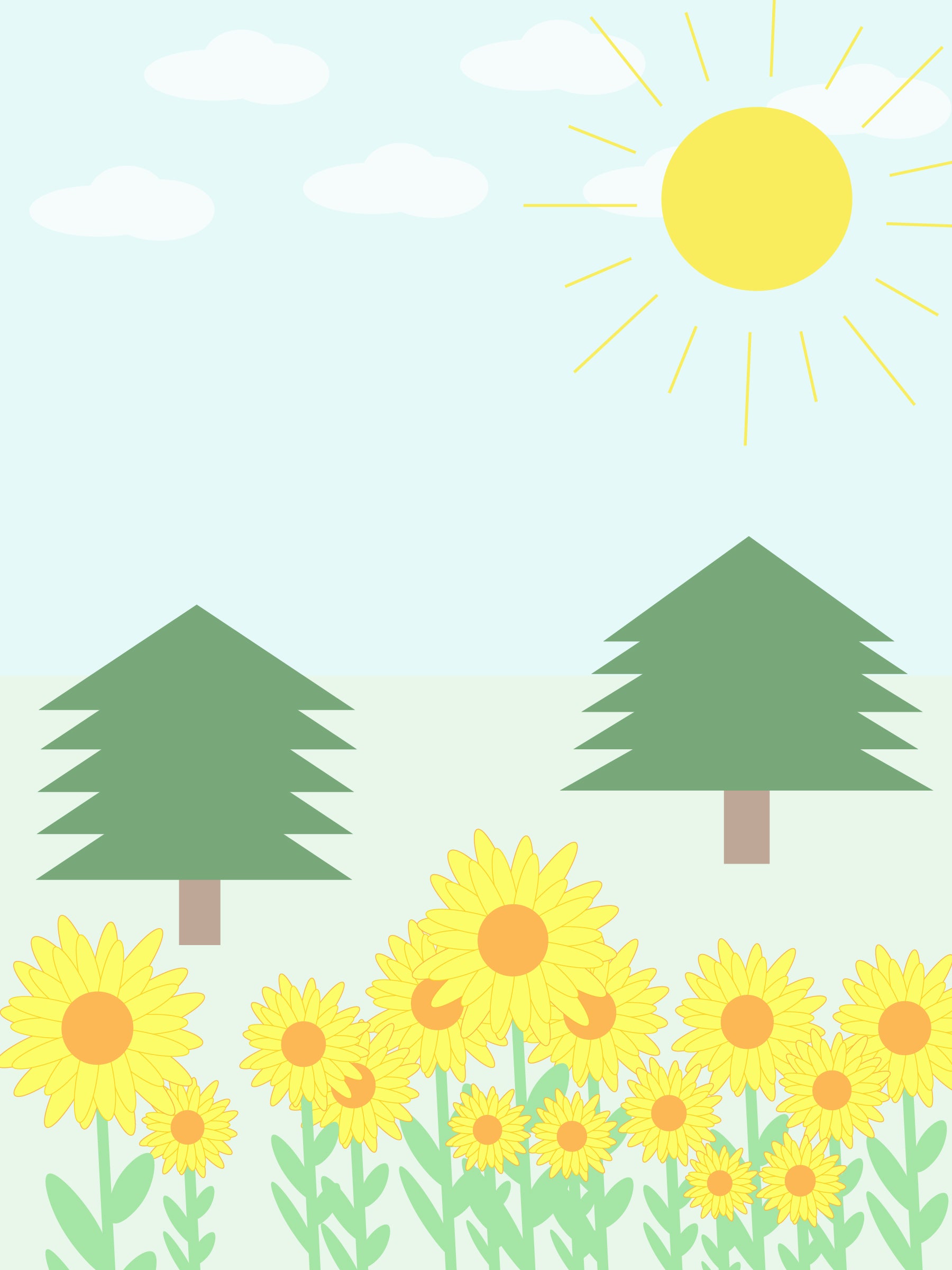 Peaceful scene of two trees and sunflowers in the from bottom, with a sun in the right, white clouds, and a blue sky