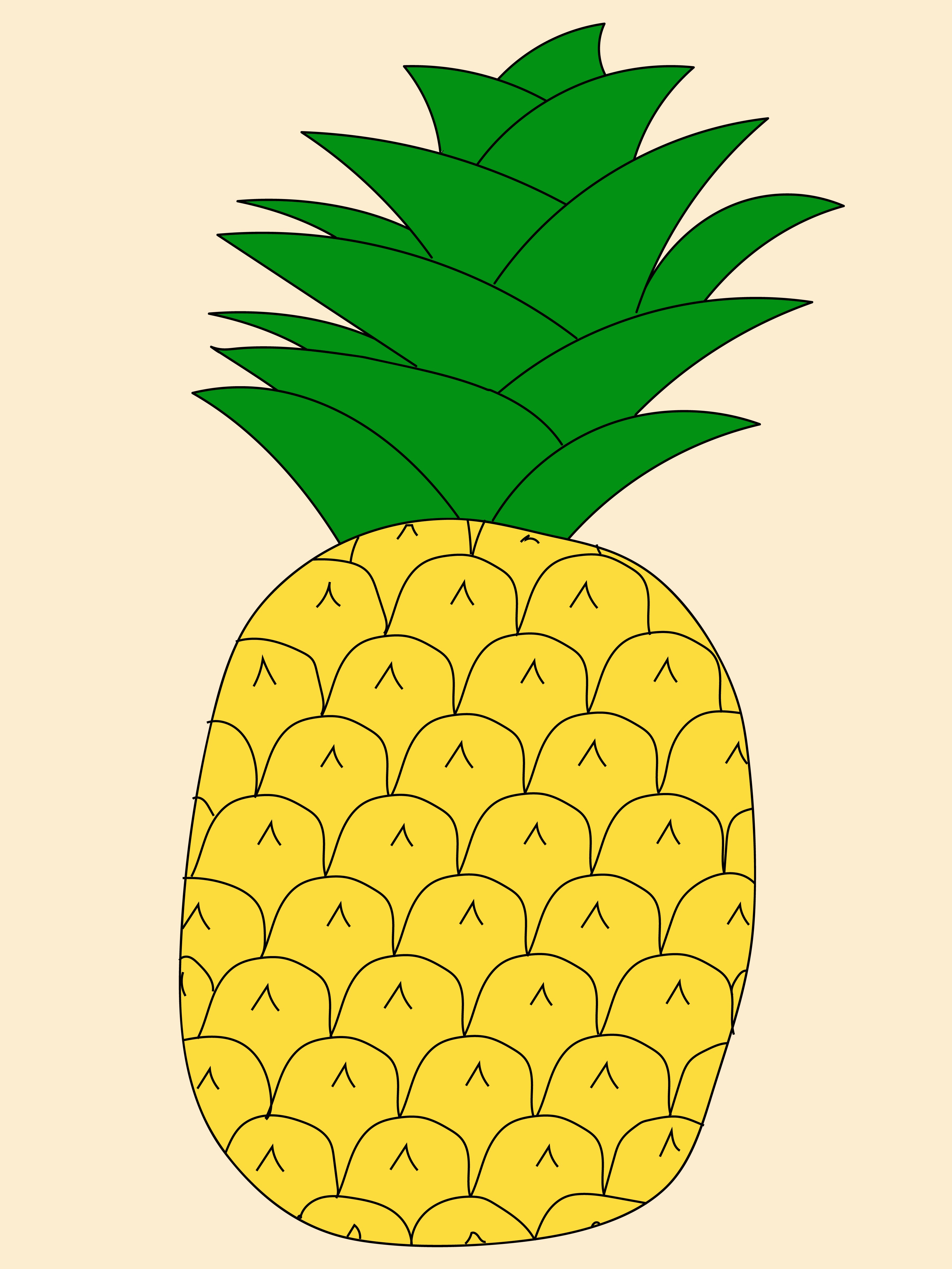 Inflated pineapple with spiky green leaves on top and a yellow body,  background’s color is peach.