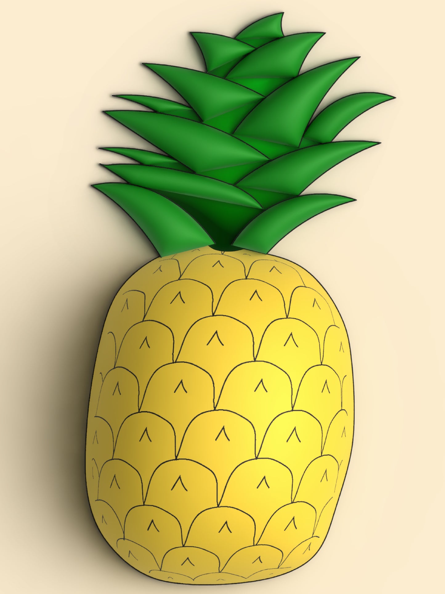 Inflated pineapple with spiky green leaves on top and a yellow body,  background’s color is peach.