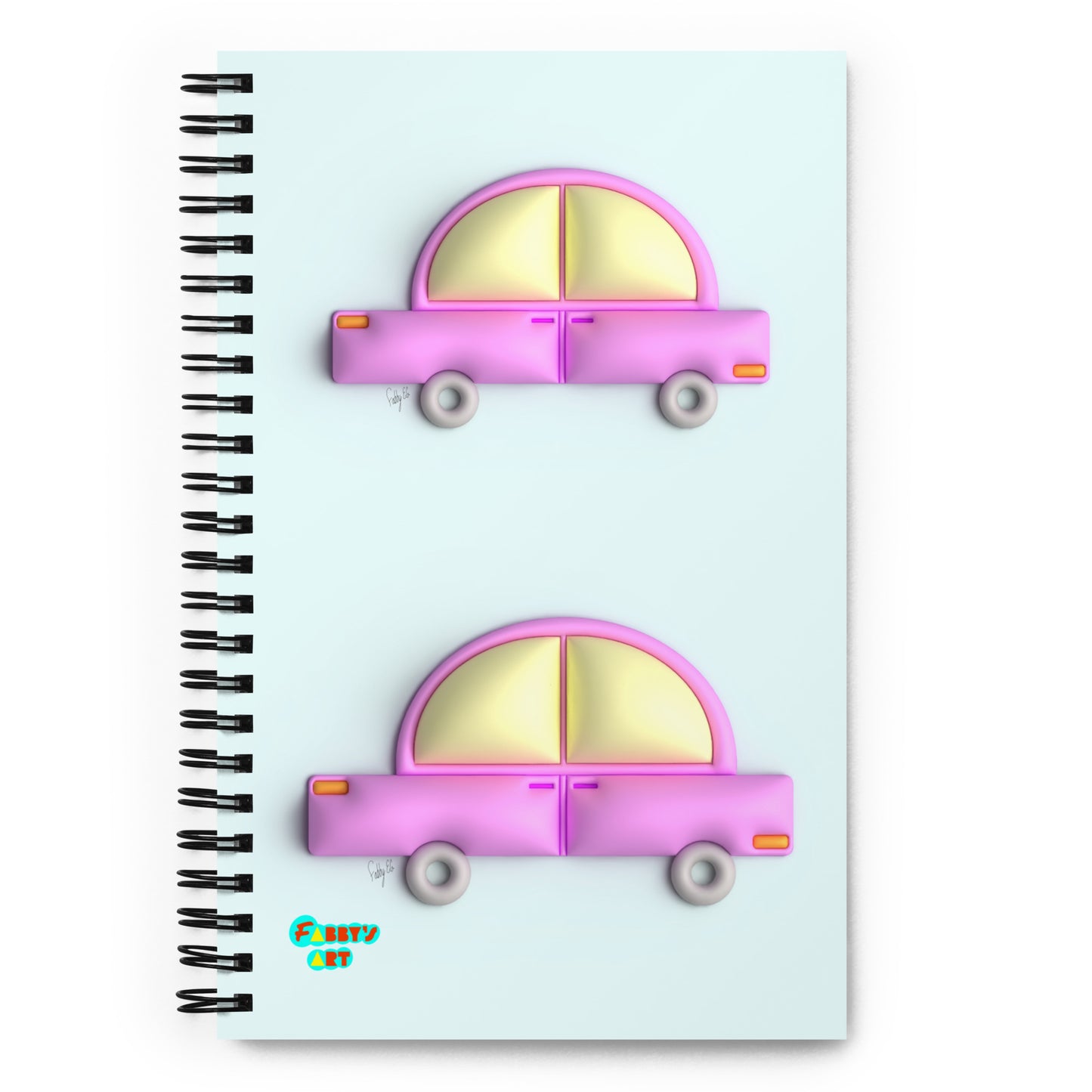 Pink car in blue spiral notebook