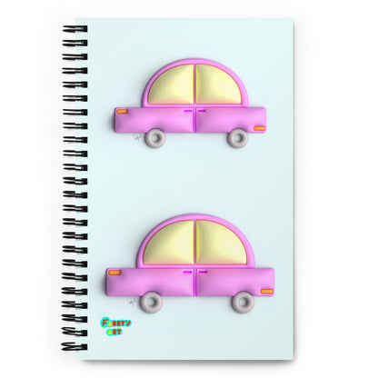 Pink car in blue spiral notebook