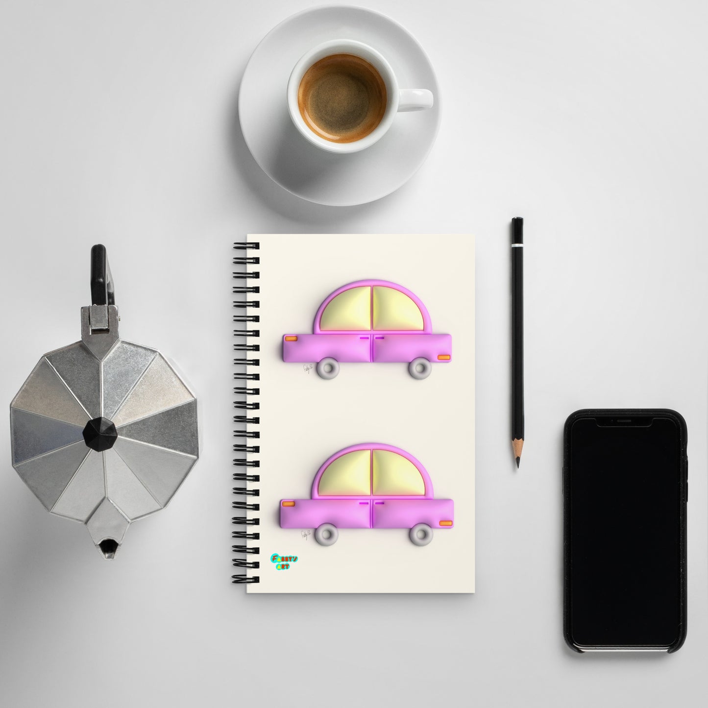 Pink car in yellow spiral notebook