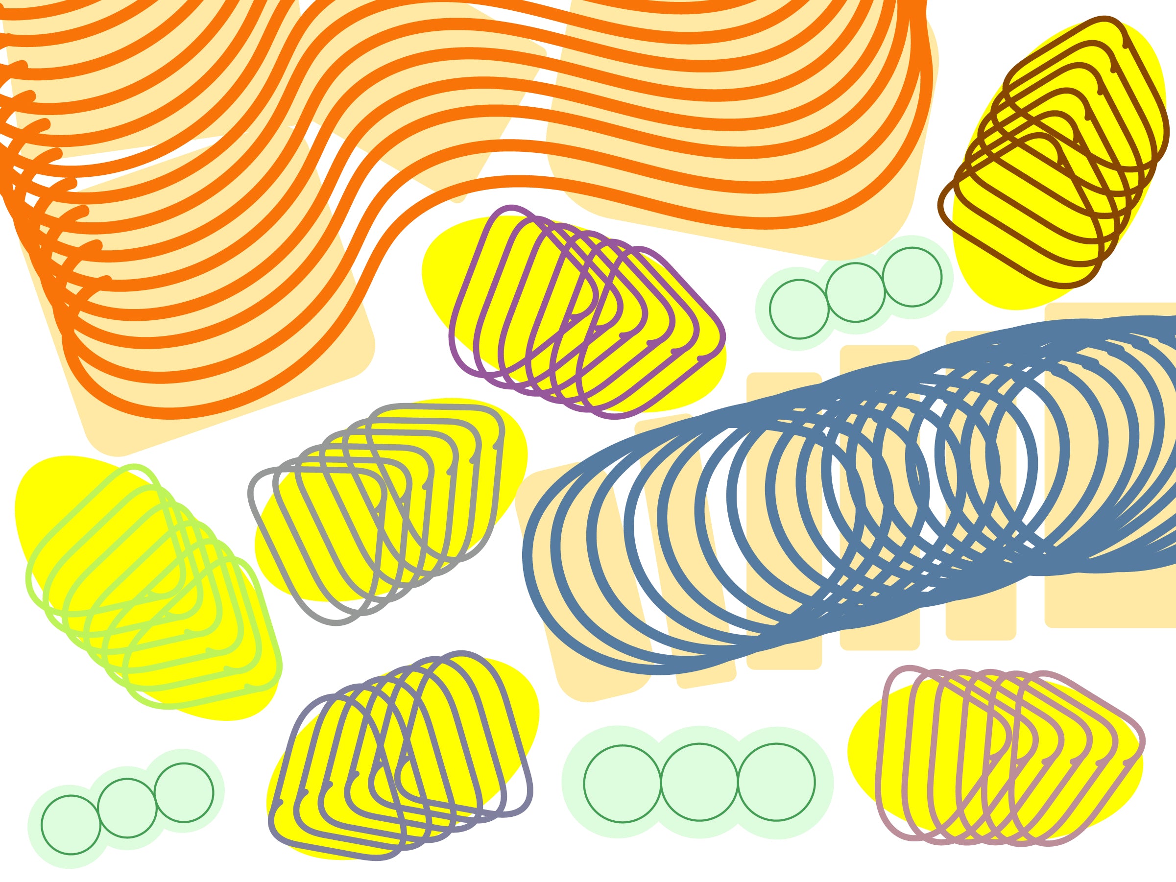 Spiral orange outline shapes in different colors on top of other one color shapes, in a white background