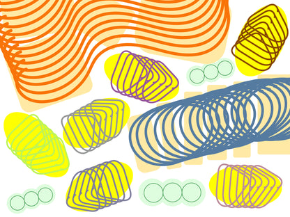 Spiral orange outline shapes in different colors on top of other one color shapes, in a white background
