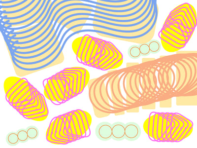 Spiral blue and pink outline shapes in different colors on top of other one color shapes, in a white background