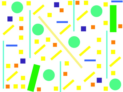 Square, circles and thin rectangles of different colors placed around somewhat symmetrical in direction with white background. 