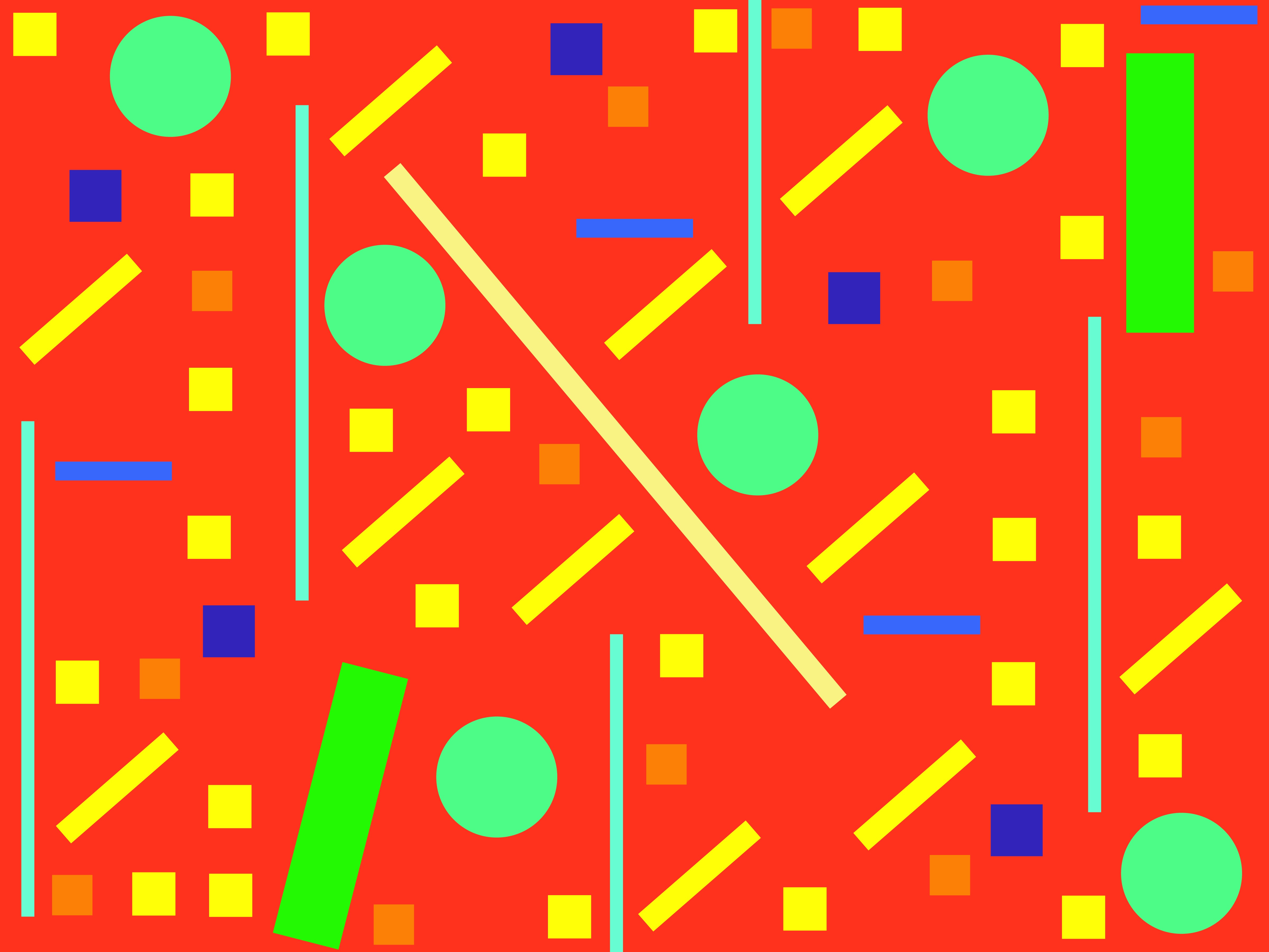 Square, circles and thin rectangles of different colors placed around somewhat symmetrical in direction with orange background. 