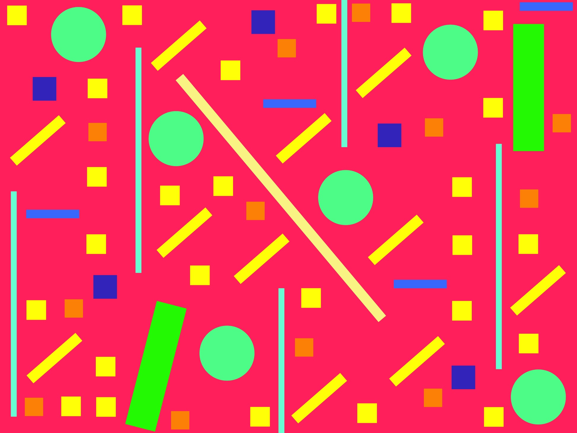 Square, circles and thin rectangles of different colors placed around somewhat symmetrical in direction with pink background. 