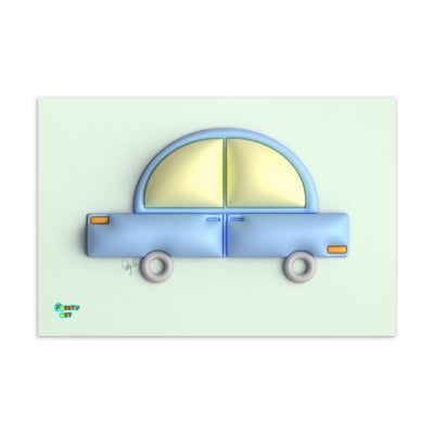 Blue car in green postcard
