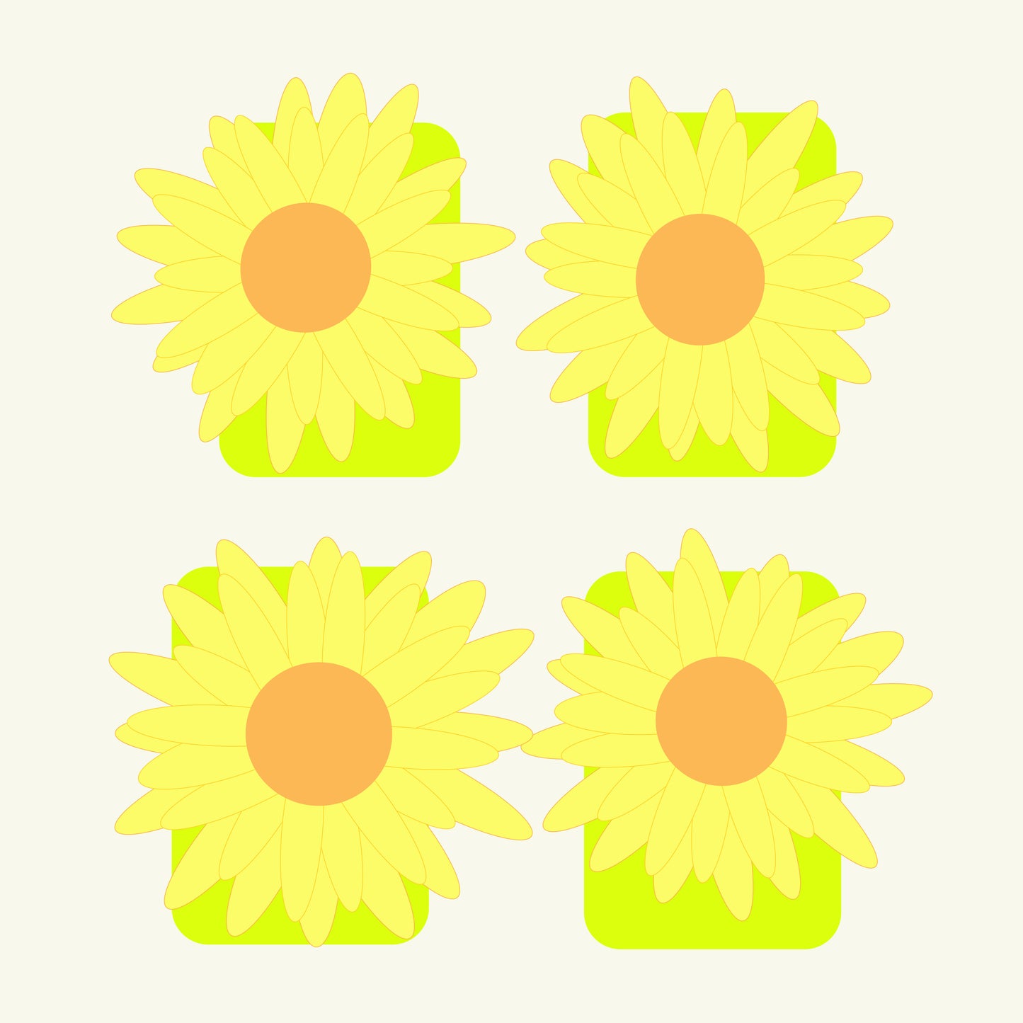 Four Sunflowers colored yellow with orange center, on a green square background and overall light hue background.