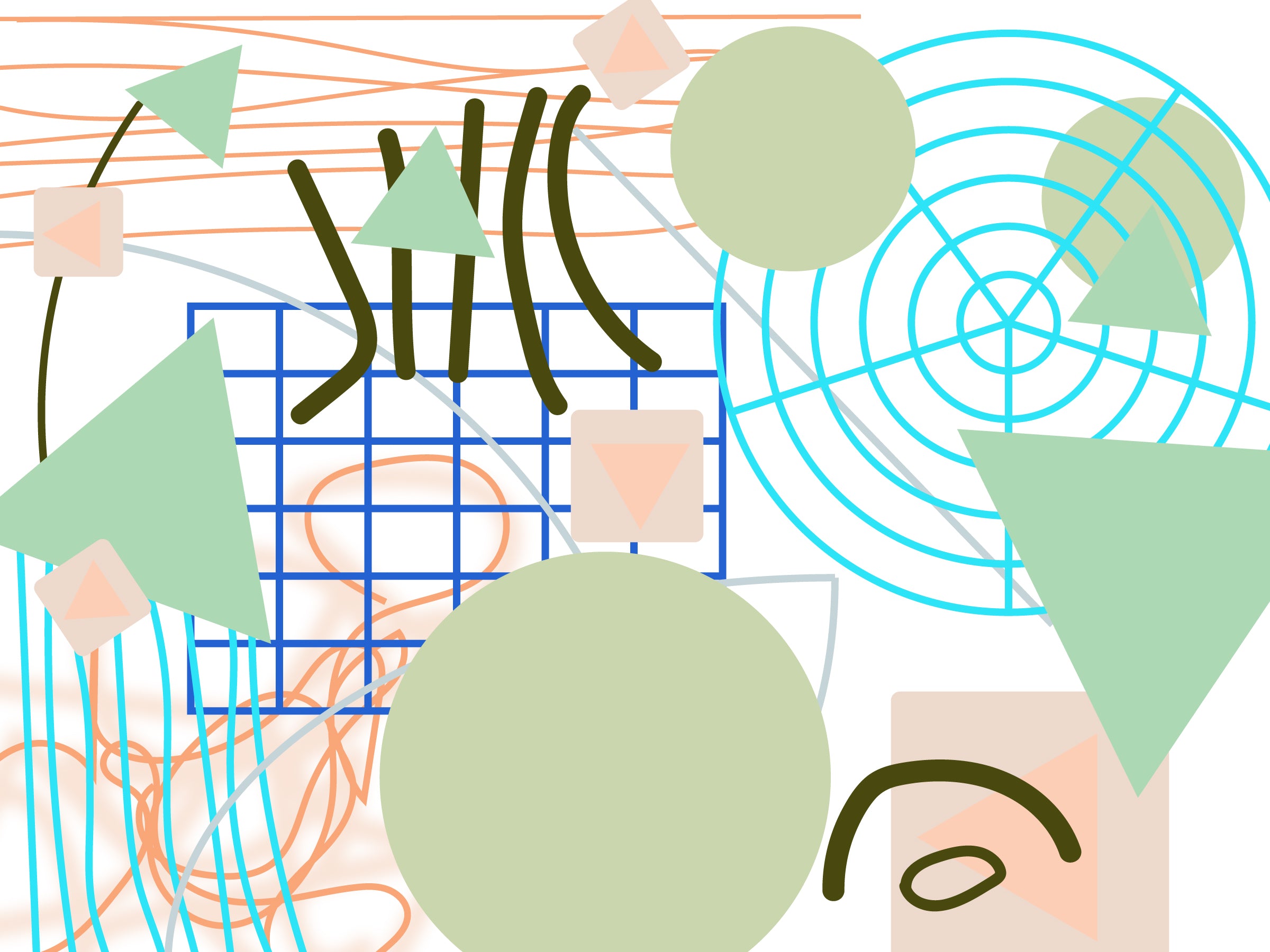 Abstract art of many different shapes, lines, outlines, colors. Has tow green triangles and three green circles one on the foreground and the other one in the background. A blue circular outline shapes in the right and a square dark blue in the center. Dark green lines and orange thin lines in the top, all in a white background. 