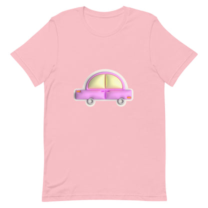 Pink car in yellow Unisex t-shirt